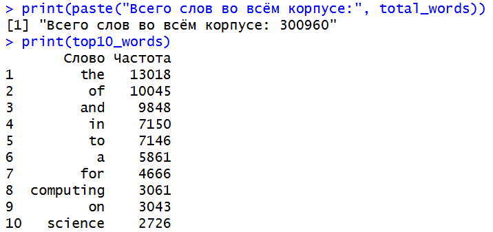 Вывод работы программы в RStudio (для всех текстовых полей)