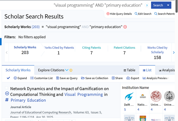 Результат поиска в Lens по запросу "visual programming" AND "primary education"