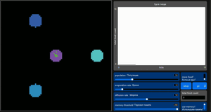 3 источника еды Менее интенсивное движение, меньше фиолетовых муравьёв. Параметры: more-food? = false use-memory? = true evaporation-rate = 10 diffusion-rate = 50